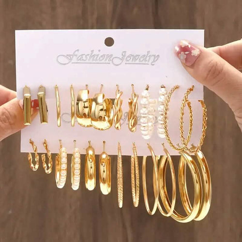 12-Pairs: Gold Hoop Earrings with Faux Pearl Decor Set by DailySale