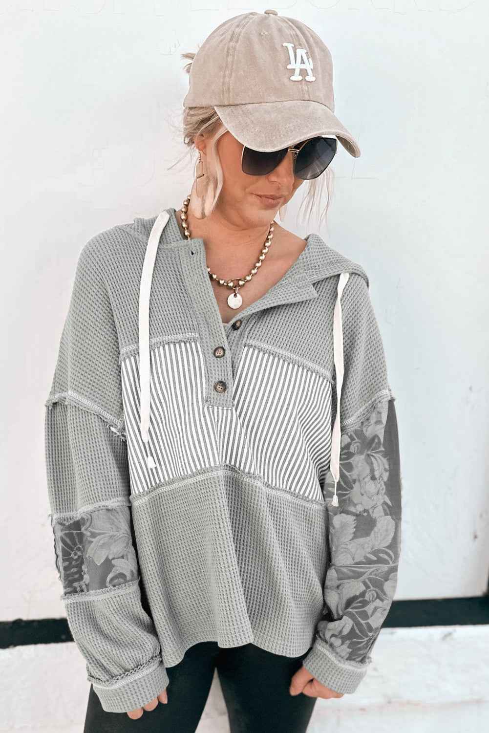 White Waffle Printed Patchwork Drawstring Hooded Long Sleeve Top