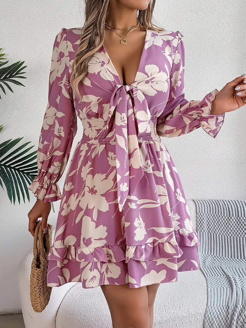 Tied Ruffled Printed Long Sleeve Dress by Shopiebay