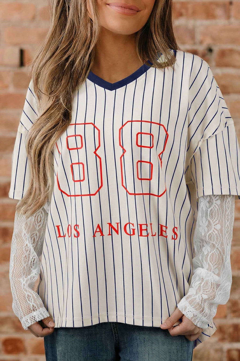 Blue Stripe 88 LOS ANGEL Graphic Lace Patchwork Faux Two Piece V Neck Top