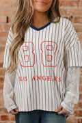 Blue Stripe 88 LOS ANGEL Graphic Lace Patchwork Faux Two Piece V Neck Top