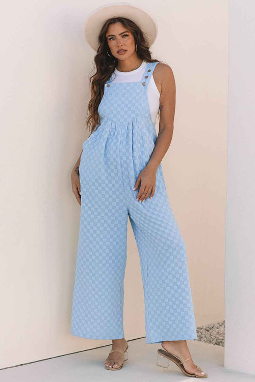 Beau Blue Checkered Pocketed High Waist Wide Leg Overall by Wild and Free Boutique