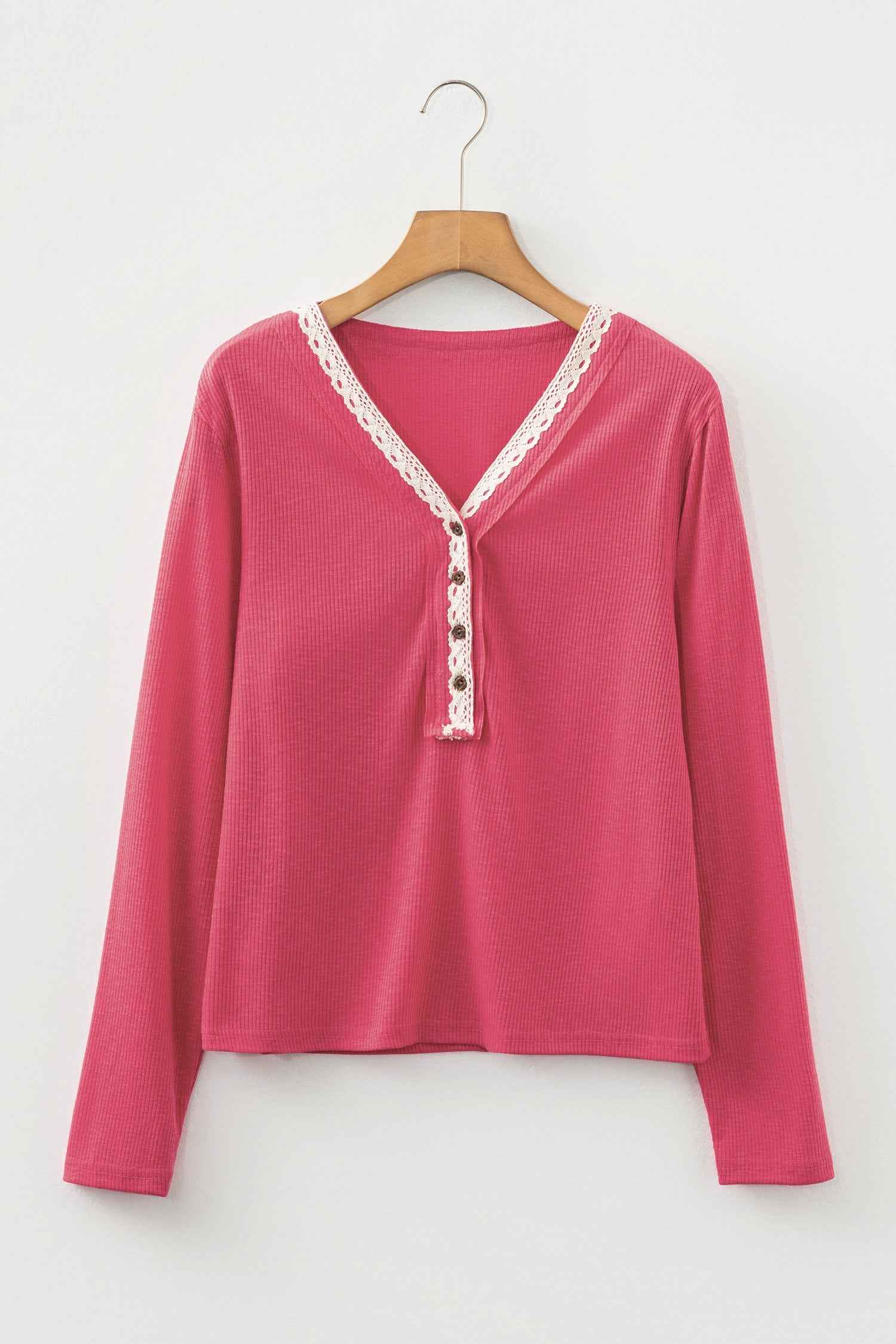 Racing Red Ribbed Texture Contrasted Lace Trim Button V Neck Long Sleeve Top
