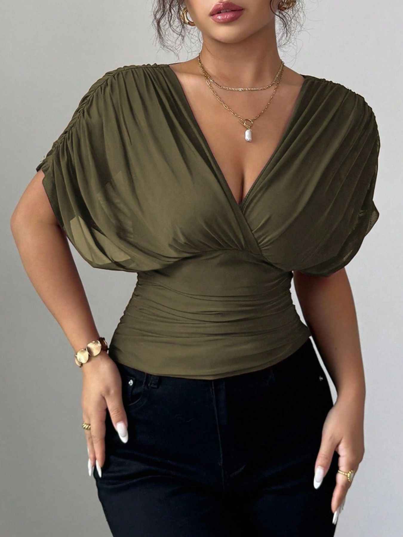 Ruched Surplice Short Sleeve Top