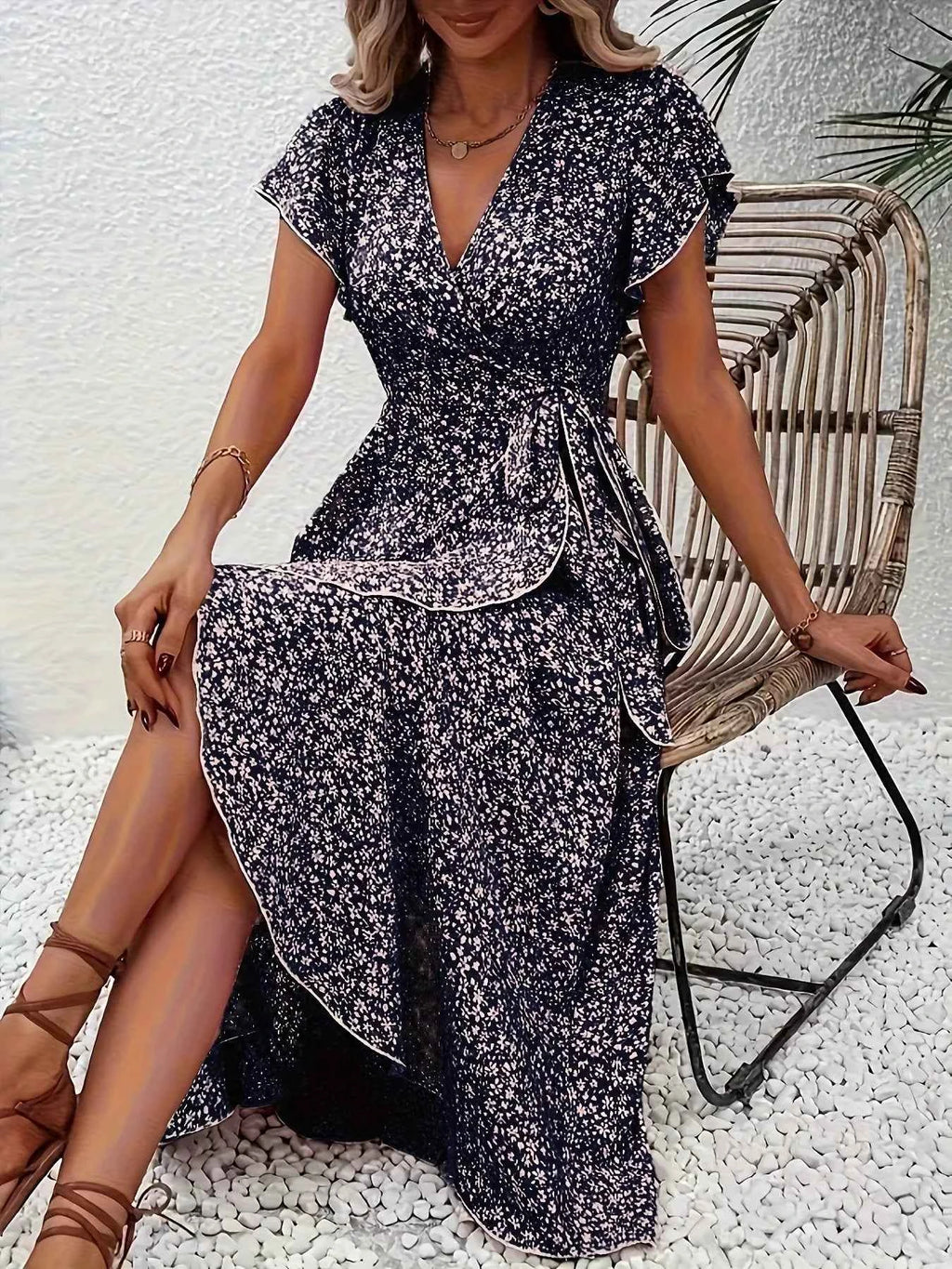 Floral Print Ruffle Hem Wrap Midi Dress