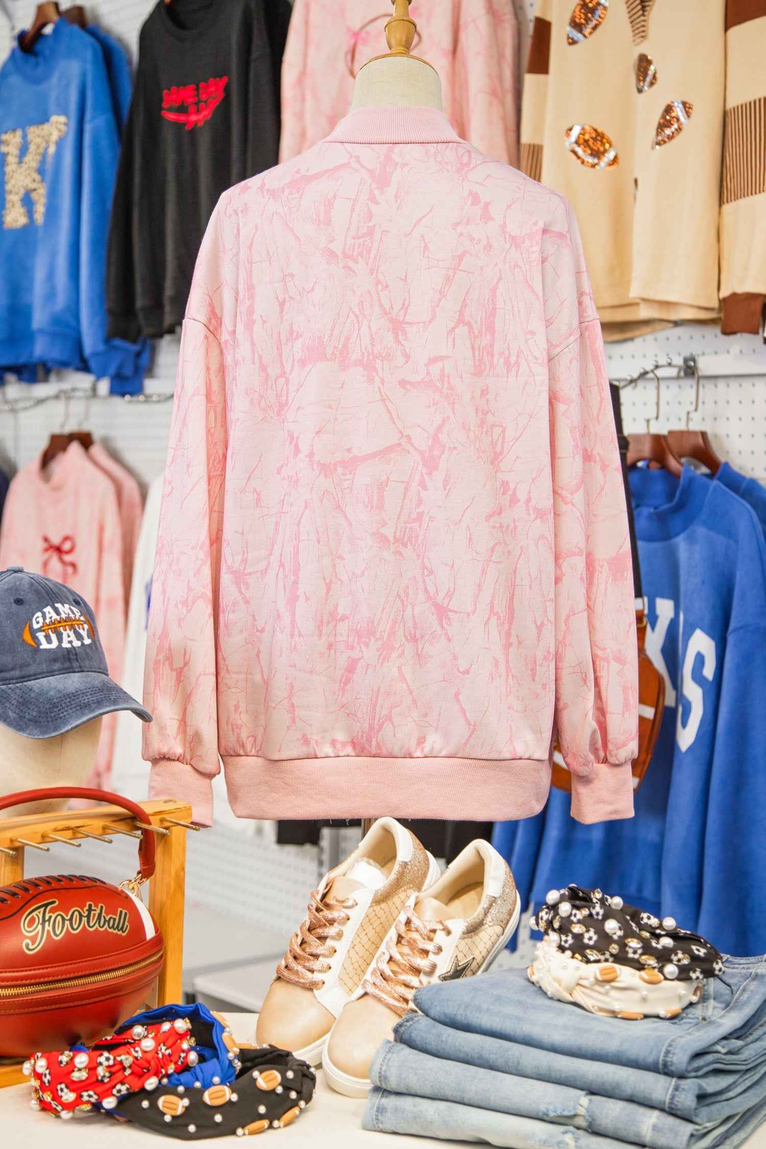 Pink Tie Dye Camo Embroidered Bow Game Day Mock Neck Sweatshirt