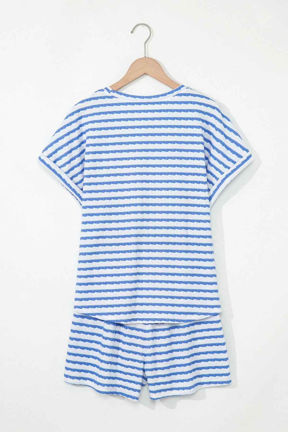 Sky Blue Stripe Knitted Short Sleeve Top and Drawstring Shorts Set