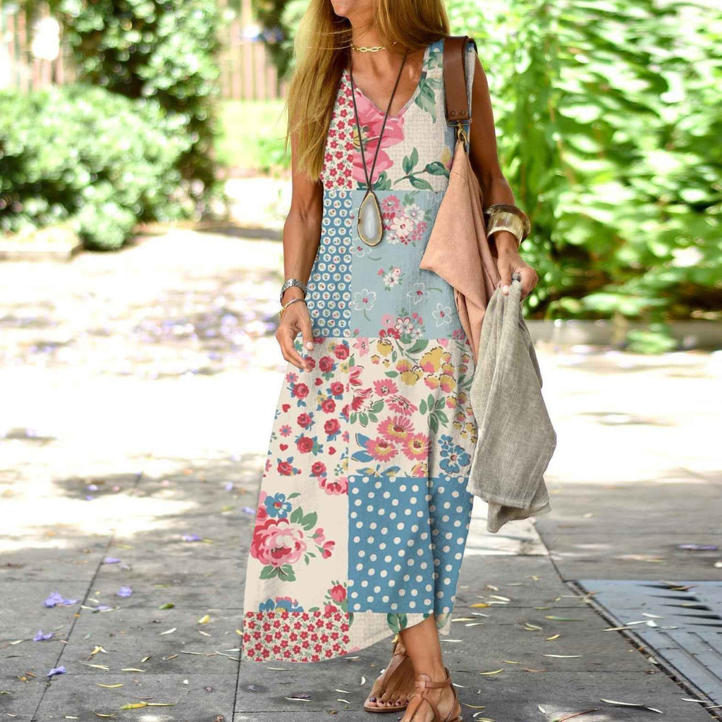 Elegant Floral Printed V-neck Sleeveless Dress