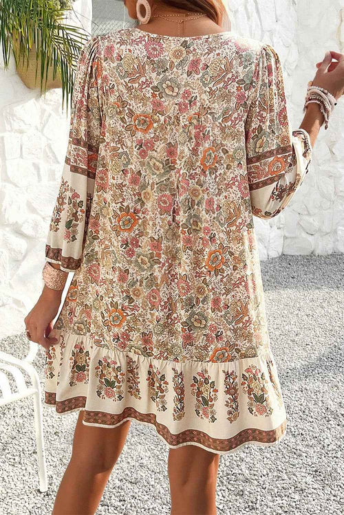 Apricot Floral Print Tassel Drawstring V Neck Loose Mini Dress by Wild and Free Boutique