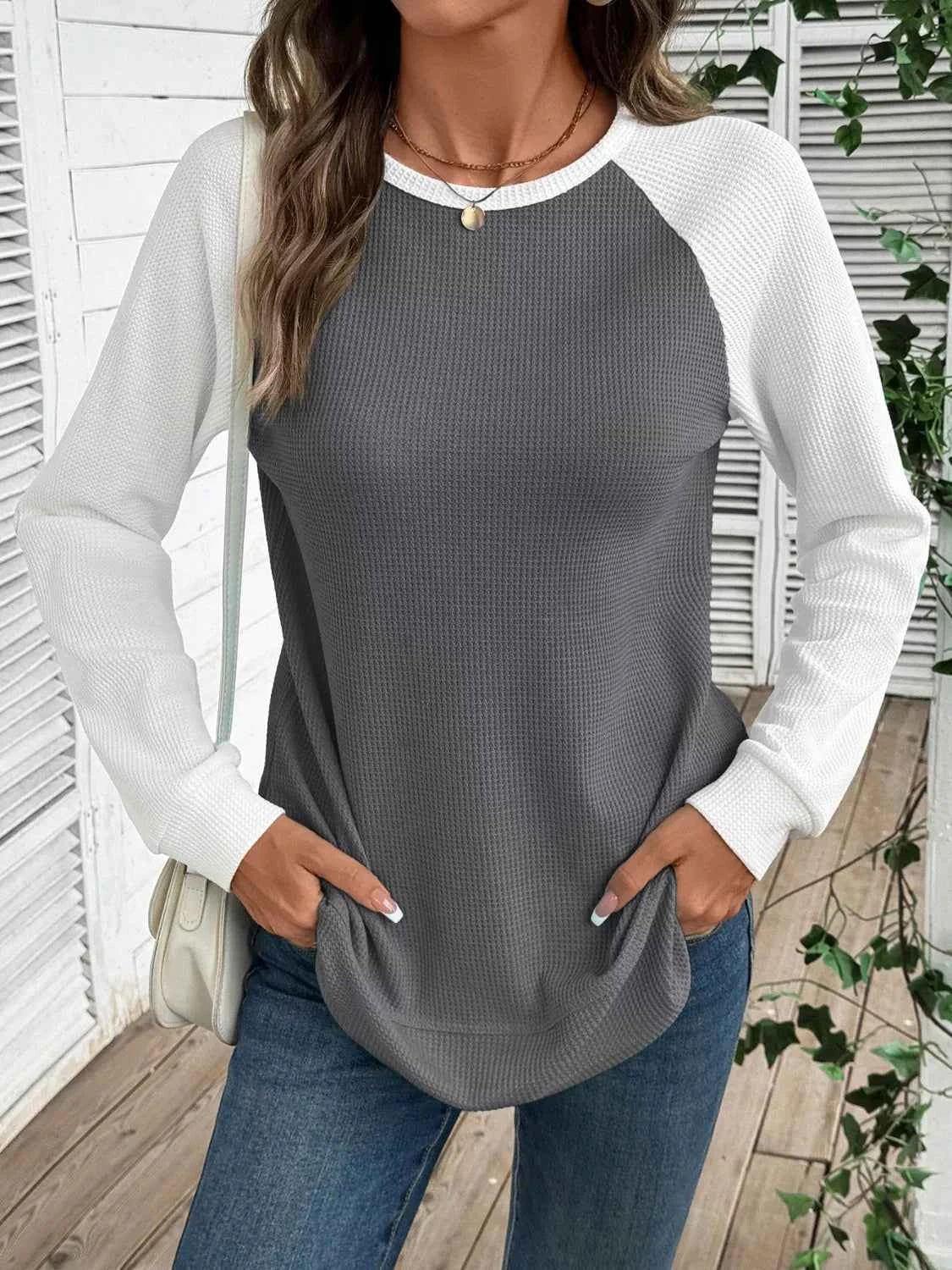 Waffle Knit Raglan Sleeve T-Shirt