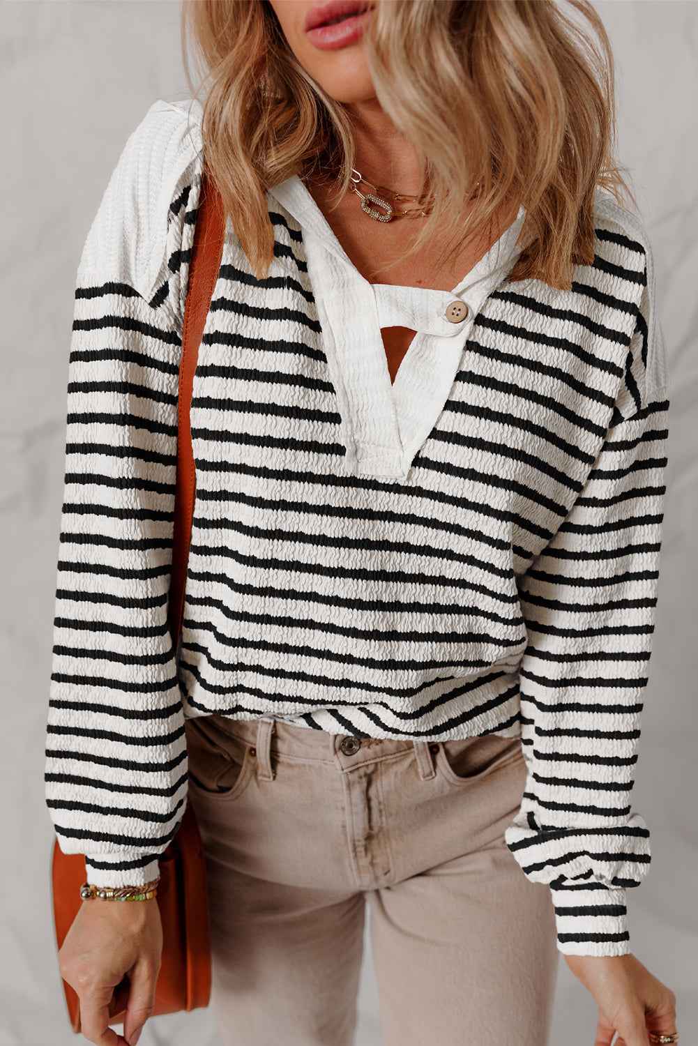 Black Stripe Textured Hooded V Neck Casual Long Sleeve Top