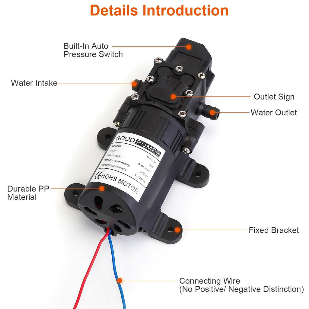 12V Water Pump with 2 Hose Clamps 123PSI Self Priming Sprayer Pump by DailySale
