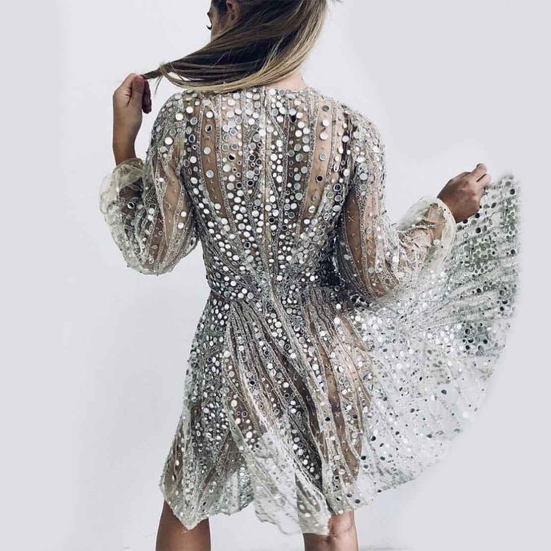 Spring Summer Women Clothing Dress Long Sleeve Deep V Plunge Midi Dress See through Sequined Dress