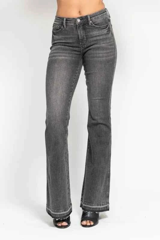 Judy Blue Full Size Mid Rise Tummy Control Washed Gray Release Hem Flare Jeans Plus Size