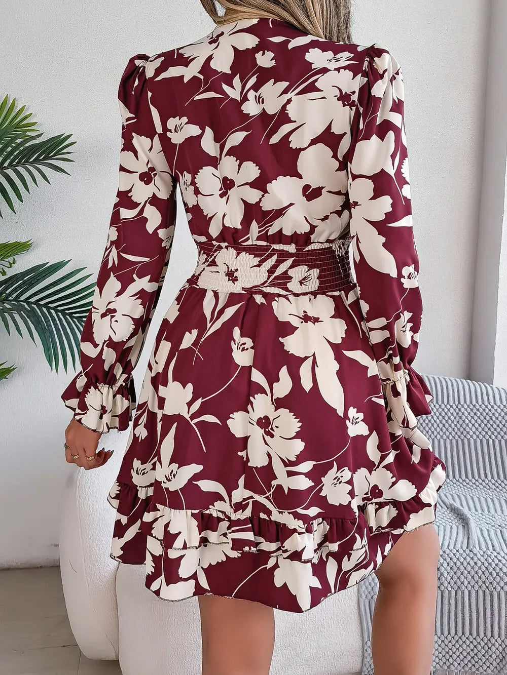 Tied Ruffled Printed Long Sleeve Dress by Shopiebay