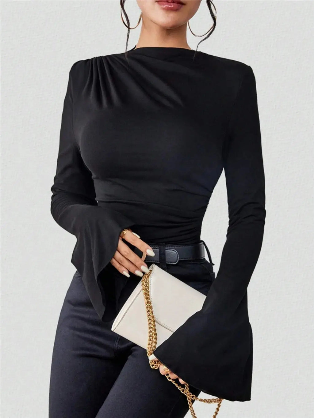 Bell Sleeve Fitted Ruched T Shirt with Mock Neck