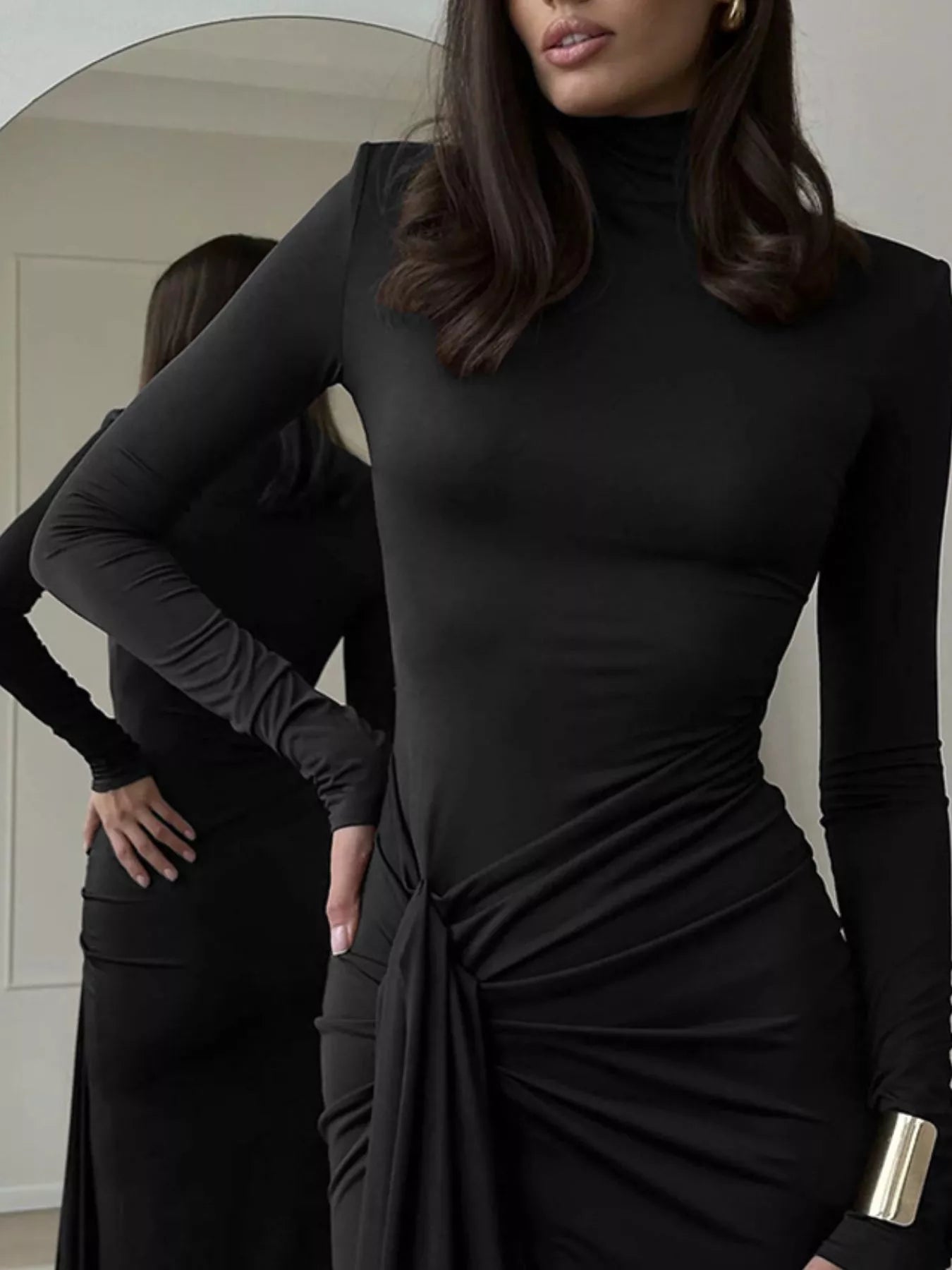 Turtleneck Long Sleeve Slit Maxi Dress by Shopiebay