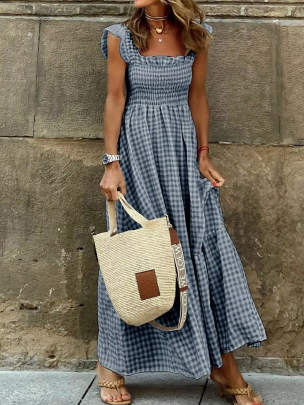 Gingham Smocked Ruffle Maxi Dress by Shopiebay