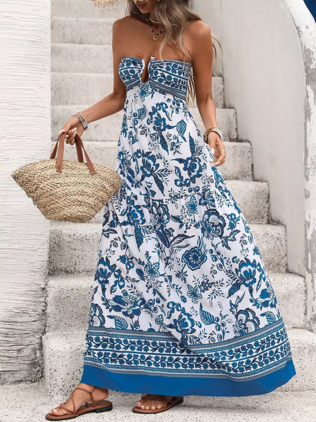 Floral Print Strapless Maxi Dress by Shopiebay