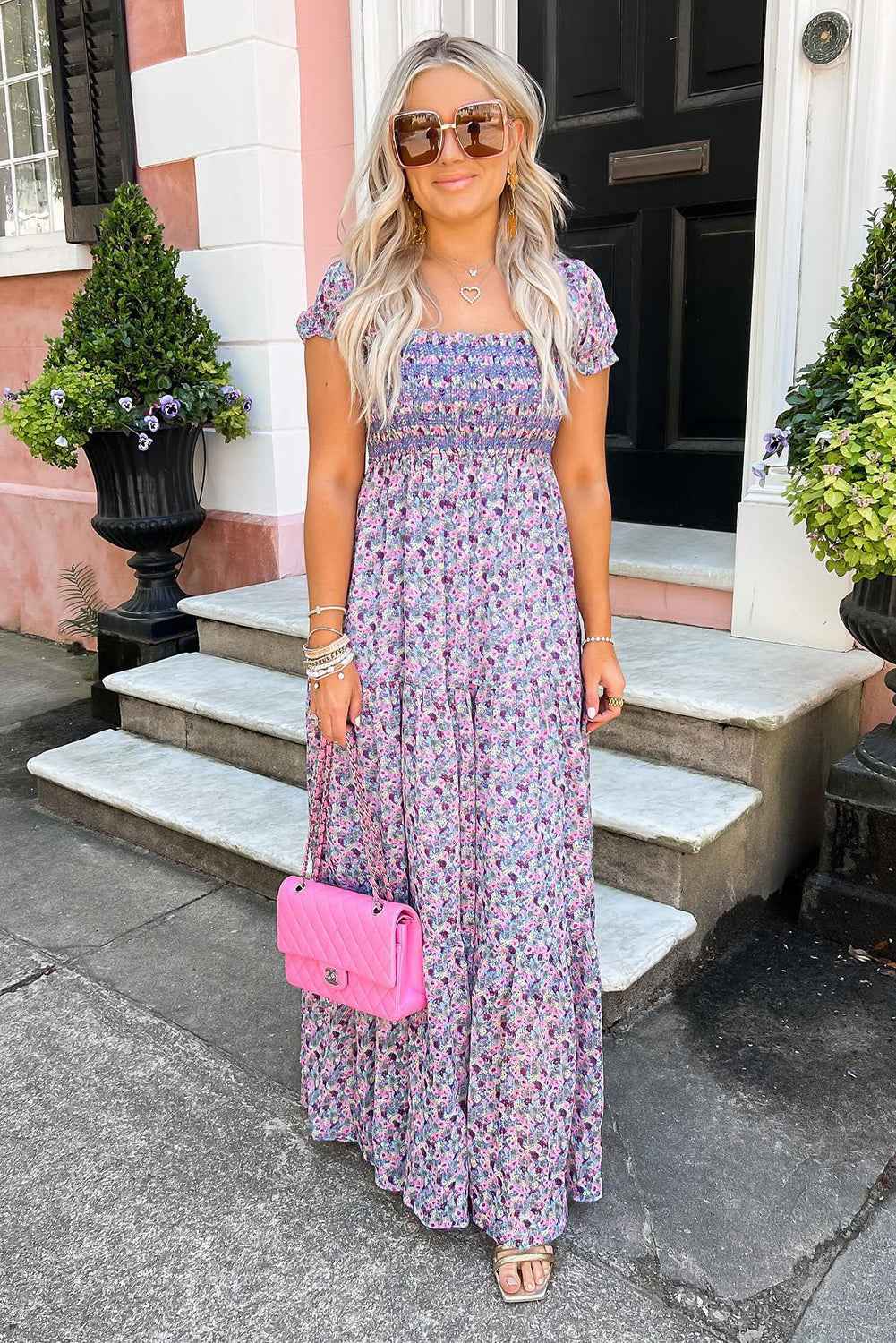 Purple Floral Short Bubble Sleeve Smocked High Waist Maxi Dress