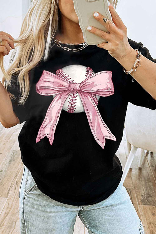 Black Baseball Bow Knot Print Round Neck T Shirt by Wild and Free Boutique