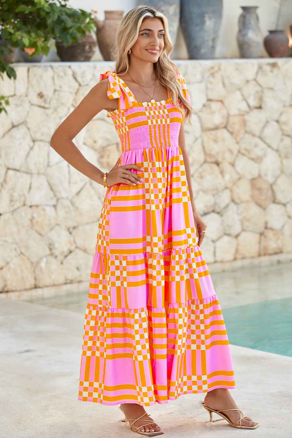 Pink Tie Strap Plaid & Striped Smocked Maxi Dress