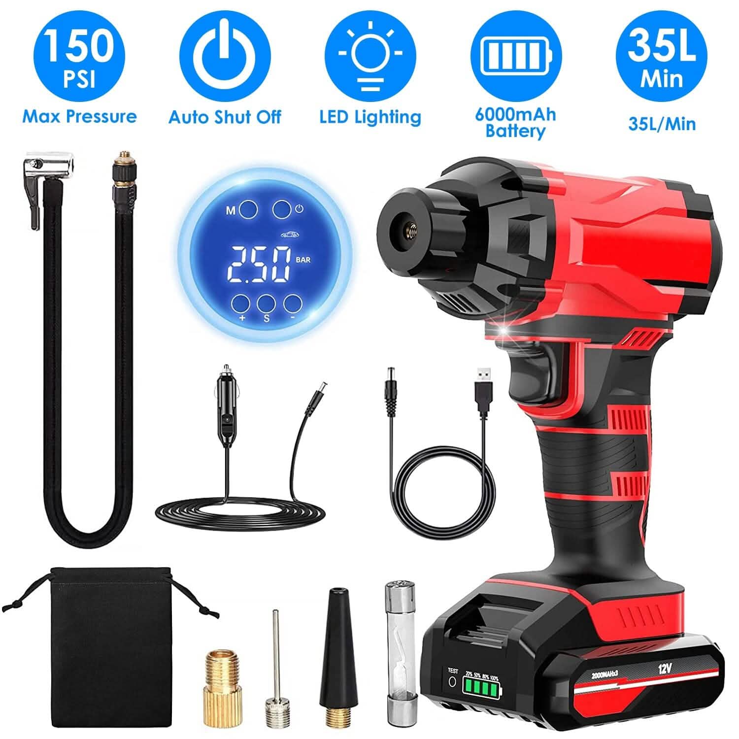 150 PSI 12V Portable Cordless Tire Pump 6000mAh Rechargeable with LED Light by DailySale