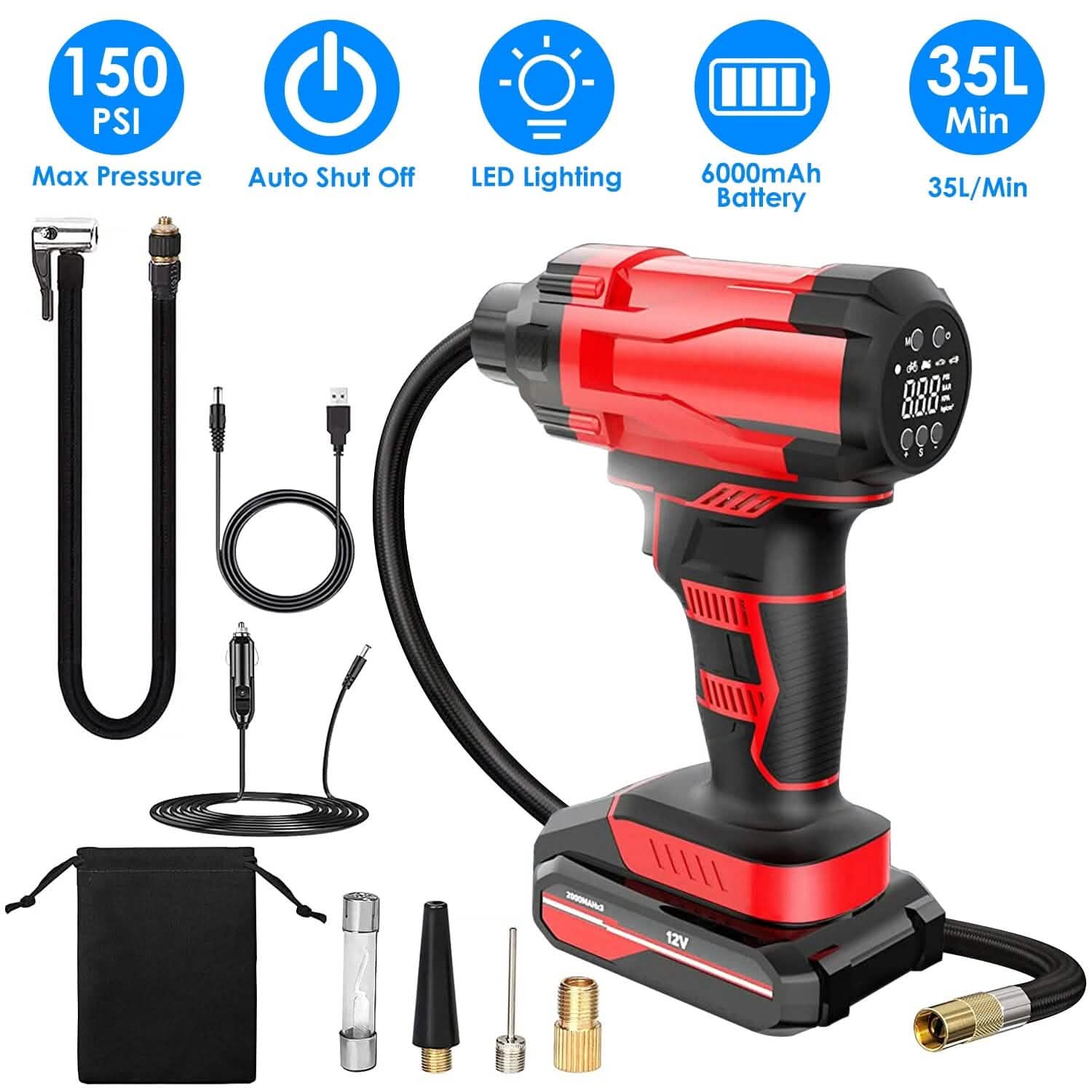 150 PSI 12V Portable Cordless Tire Pump 6000mAh Rechargeable with LED Light by DailySale