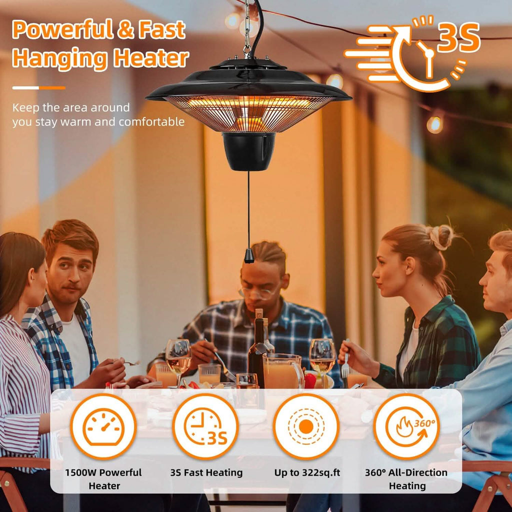 1500W Outdoor Hanging Patio Ultra-Quiet Electric Heating Lamp by DailySale