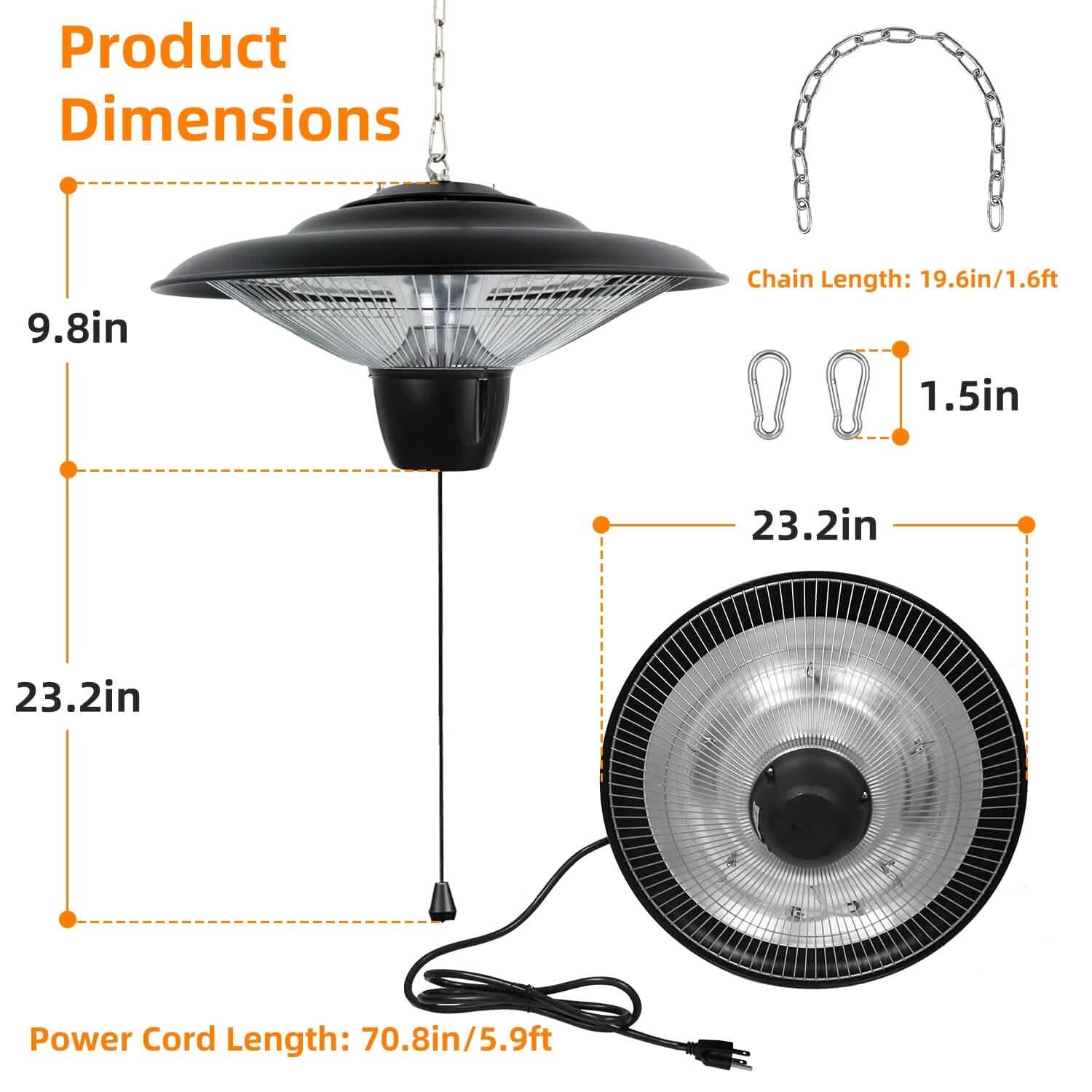 1500W Outdoor Hanging Patio Ultra-Quiet Electric Heating Lamp by DailySale