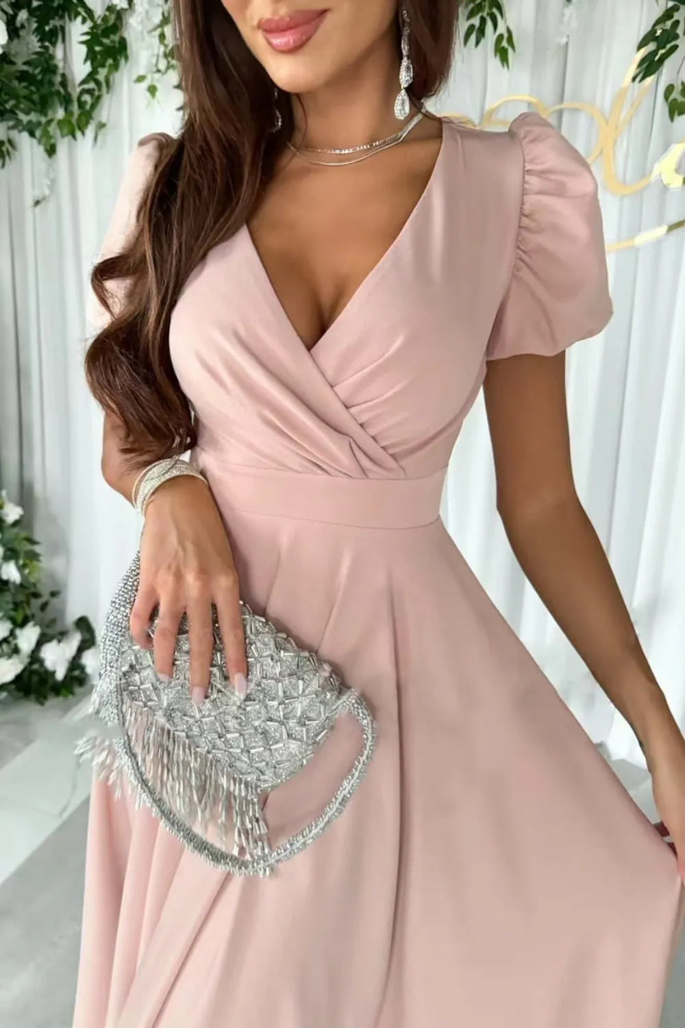 Surplice Puff Sleeve Midi Dress by Shopiebay