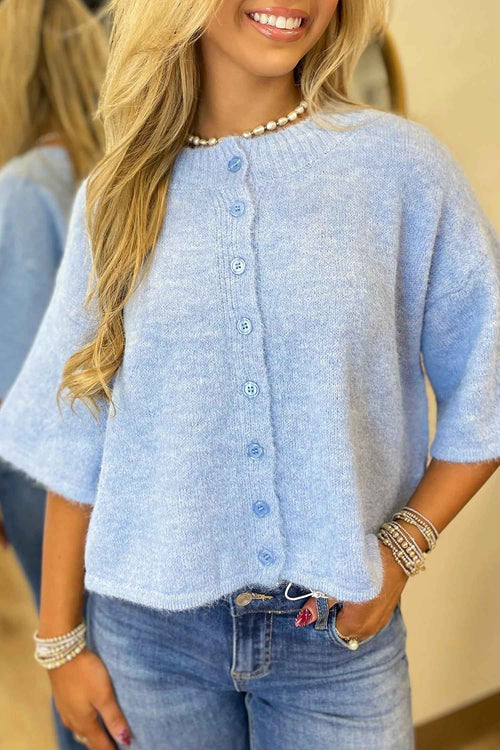 Beau Blue 3/4 Sleeve Boxy Knit Button Down Sweater Cardigan by Wild and Free Boutique