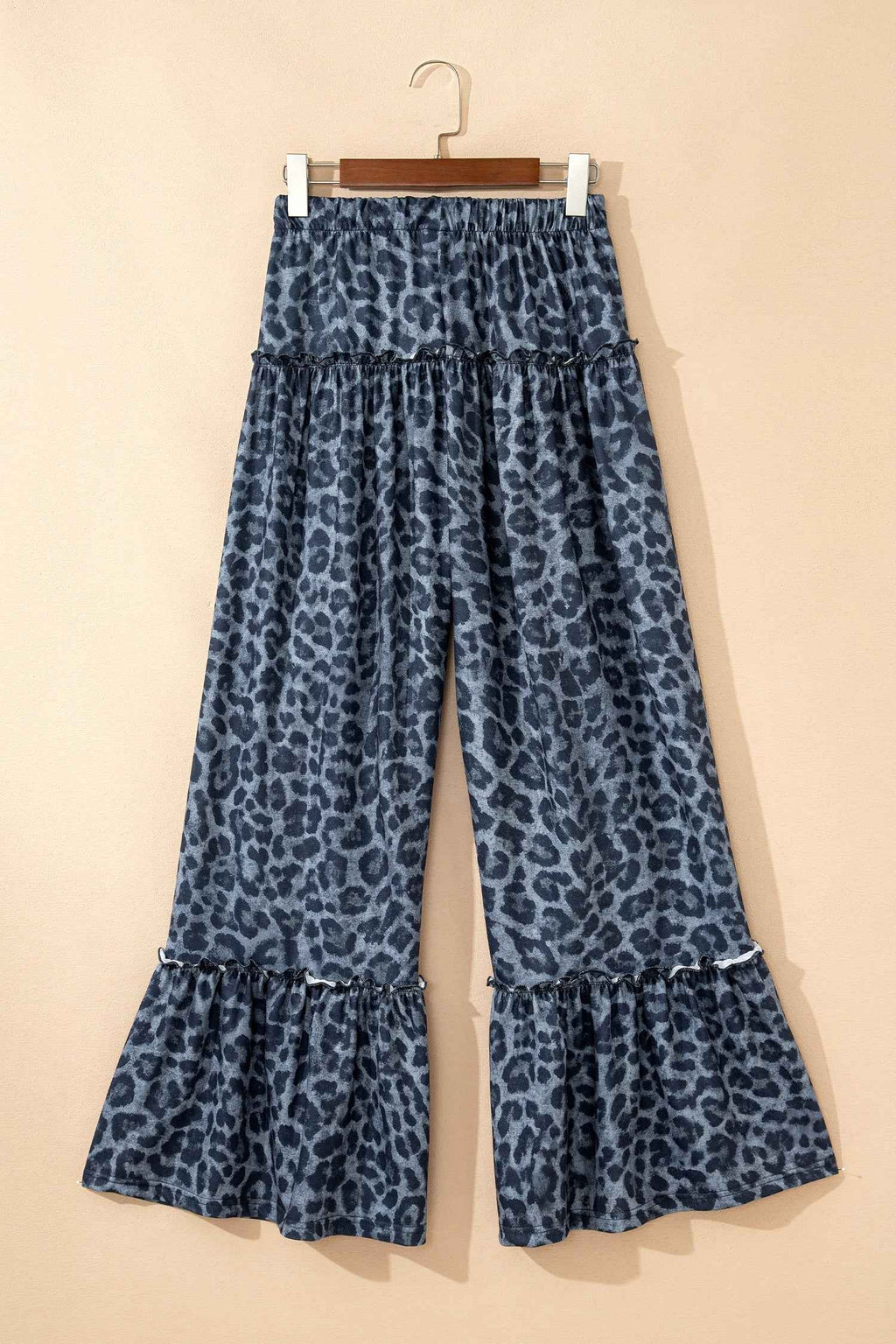 Gray Wild Leopard Print Frilled Detail Drawstring Wide Leg Pants
