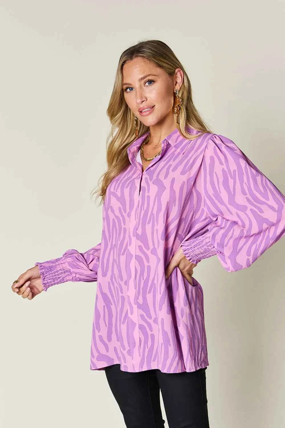 Double Take Full Size Printed Smocked Long Sleeve Blouse Plus Size
