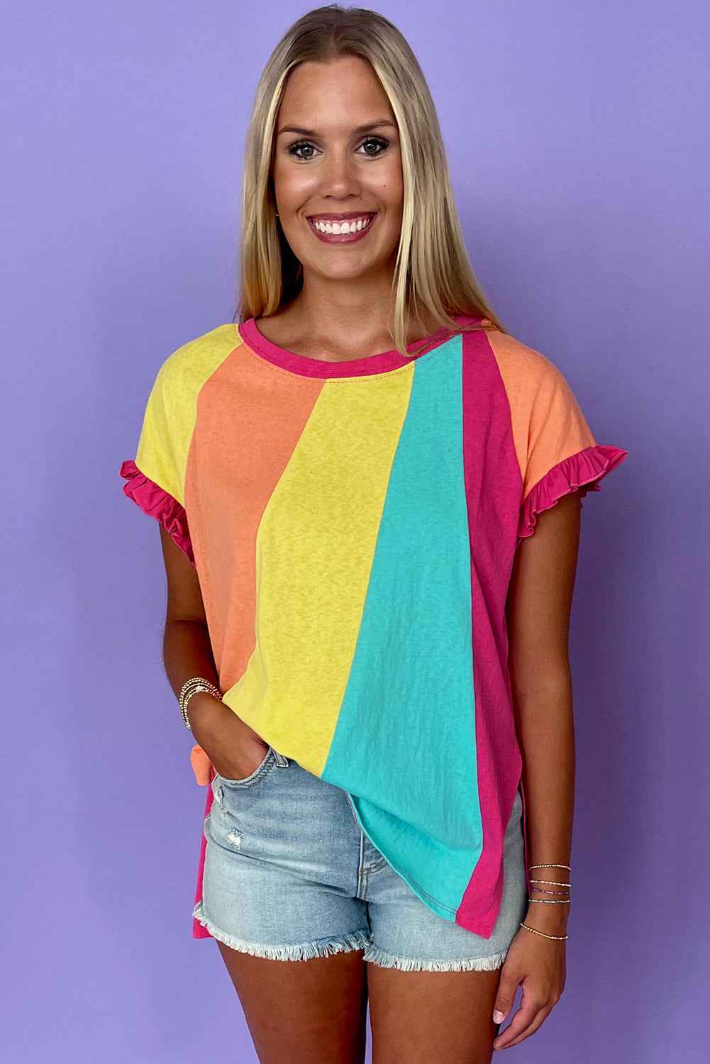 Rose Red Color Block Ruffled Crew Neck Loose Fit T Shirt