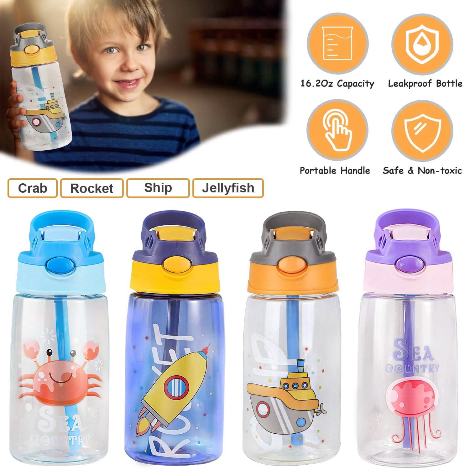 16.2oz Leak-proof Kids Water Bottle with Straw Push Button by DailySale