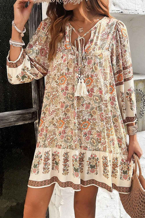 Apricot Floral Print Tassel Drawstring V Neck Loose Mini Dress by Wild and Free Boutique