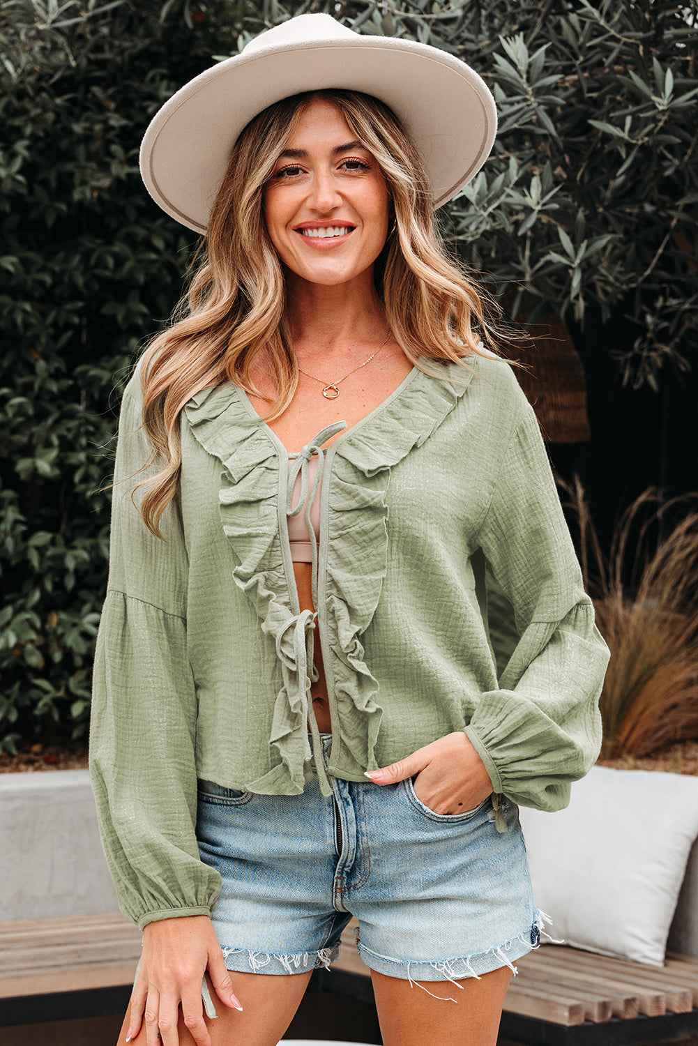 Meadow Mist Green Bow Tie Front Ruffle Trim V Neck Long Sleeve Gauze Blouse