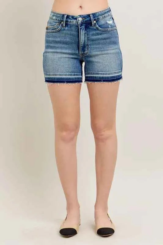Judy Blue Full Size Mr Tummy Control Vintage Wash Release Hem Shorts Plus Size by Wild and Free Boutique