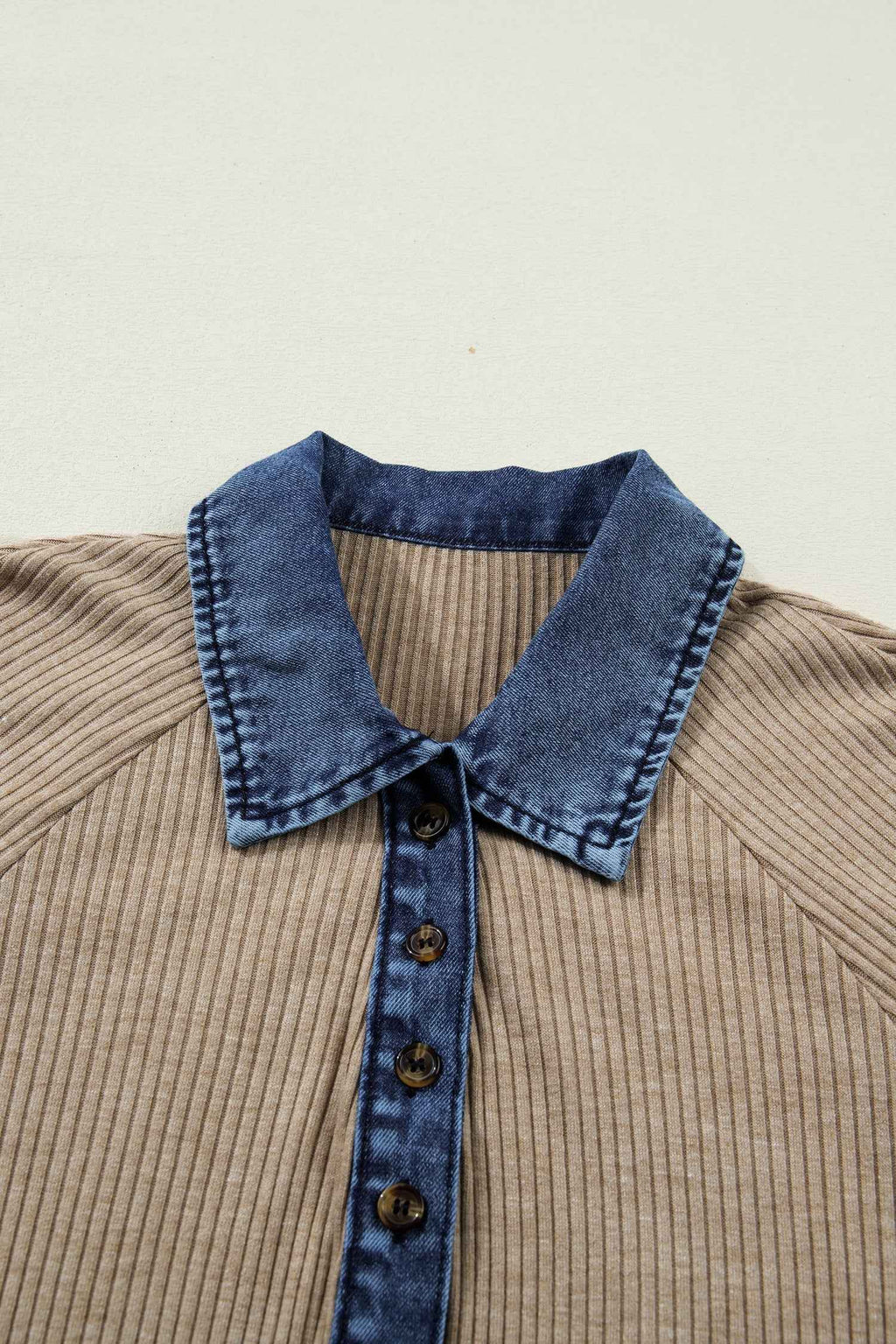 Beige Ribbed Knit Denim Patchwork Button Polo Collar Cuffed Long Sleeve Top