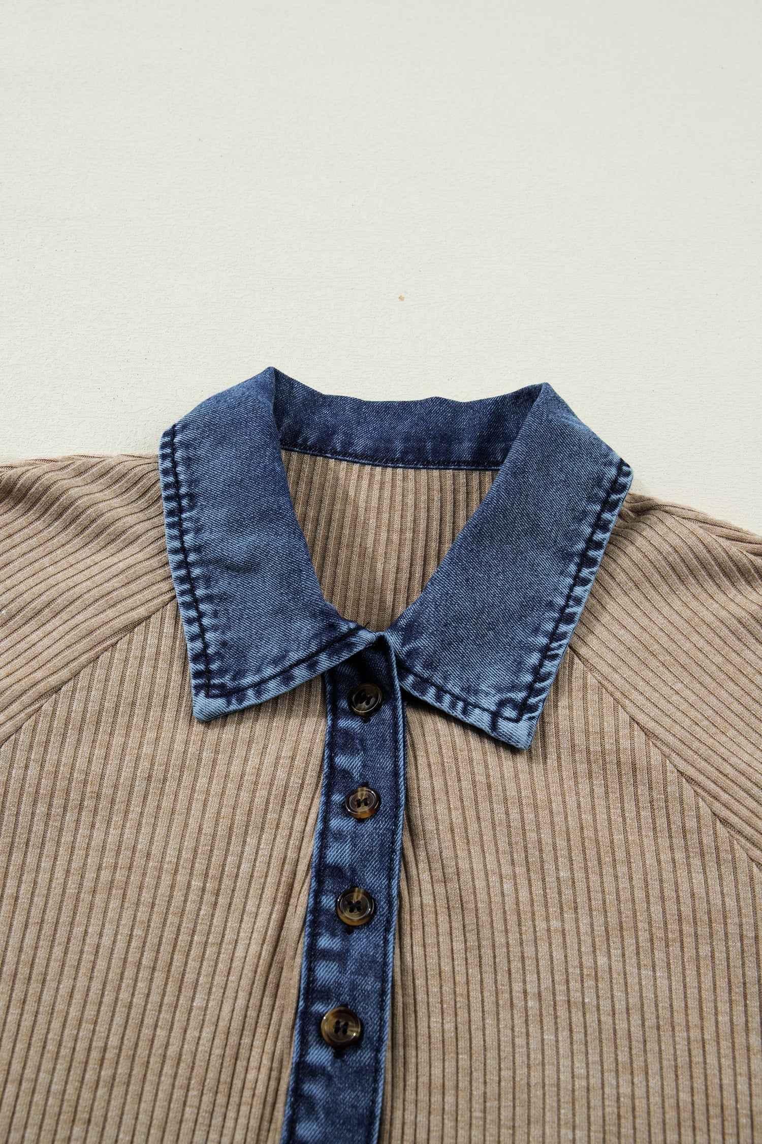 Beige Ribbed Knit Denim Patchwork Button Polo Collar Cuffed Long Sleeve Top
