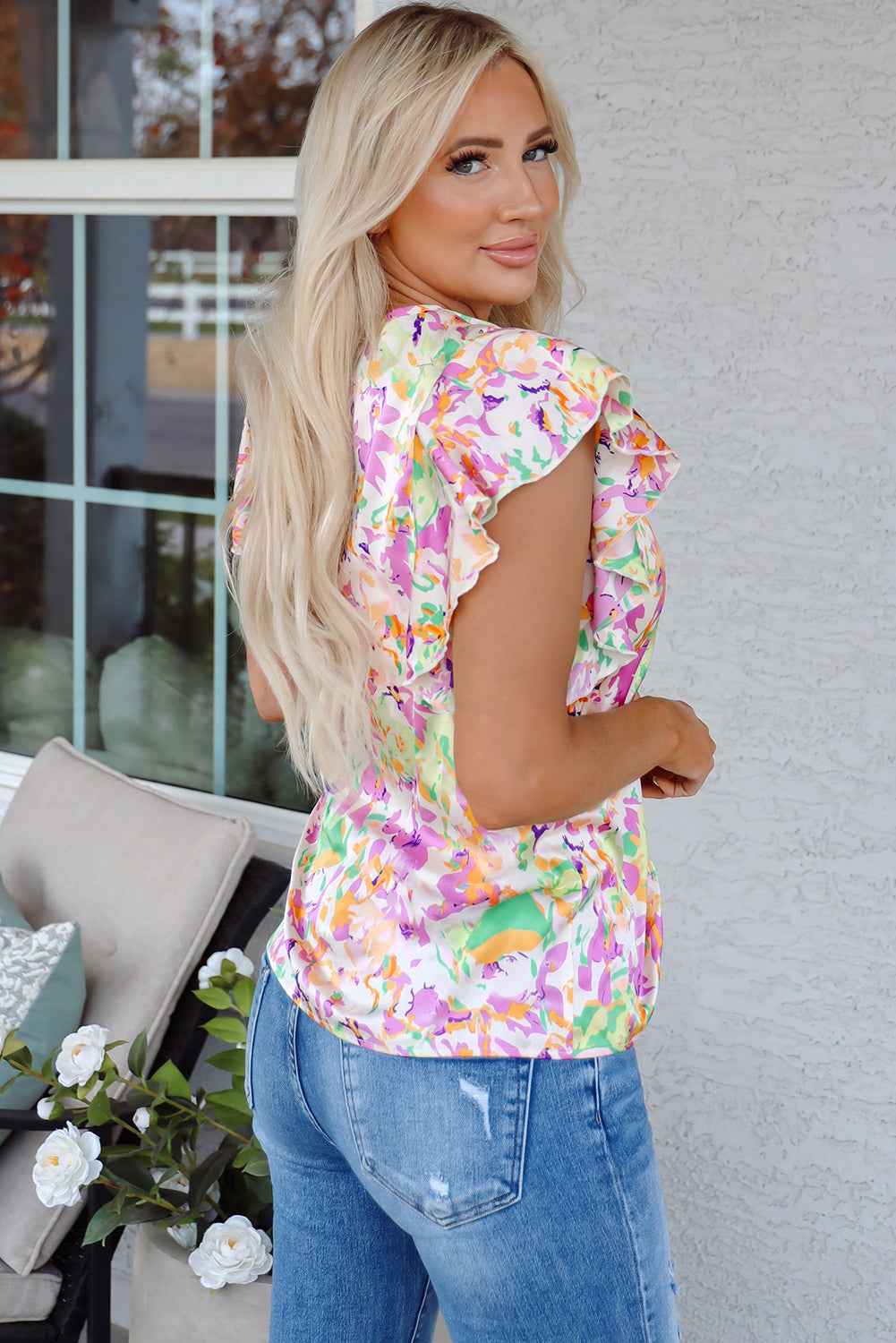 Purple Abstract Printed Ruffled Short Sleeve Notched Neck Blouse
