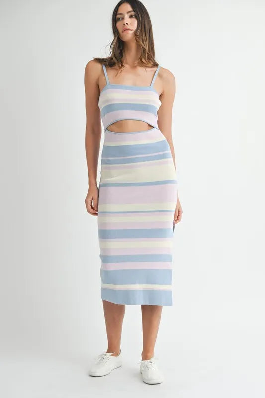 MABLE Multi Color Striped Front Cutout Knit Midi Dress by Selvanelle