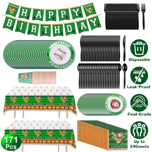 171-Pieces: Baseball Birthday Party Disposable Dinnerware Set by DailySale