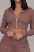Brown Cropped Hoodie with Front Zip