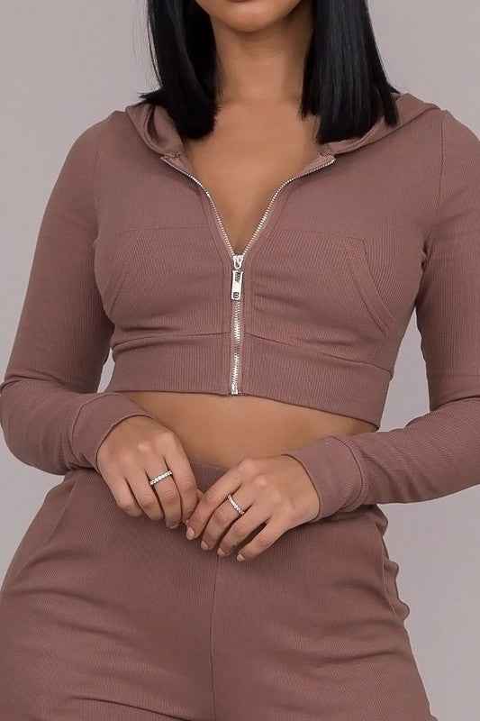 Brown Cropped Hoodie with Front Zip