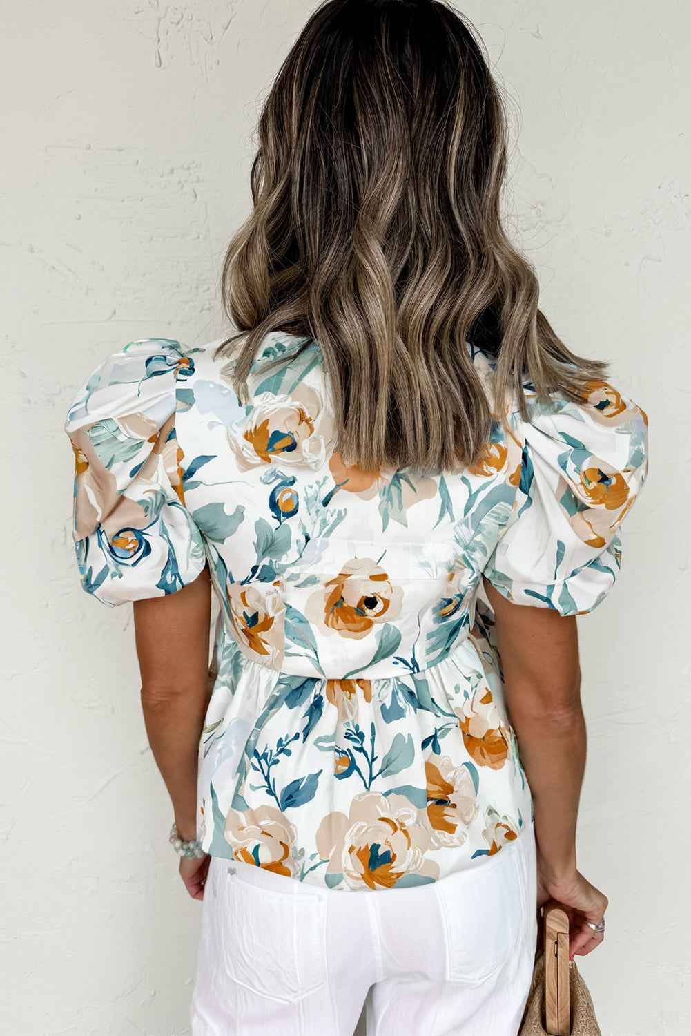 Green Floral Print Puff Sleeve V Neck Babydoll Blouse