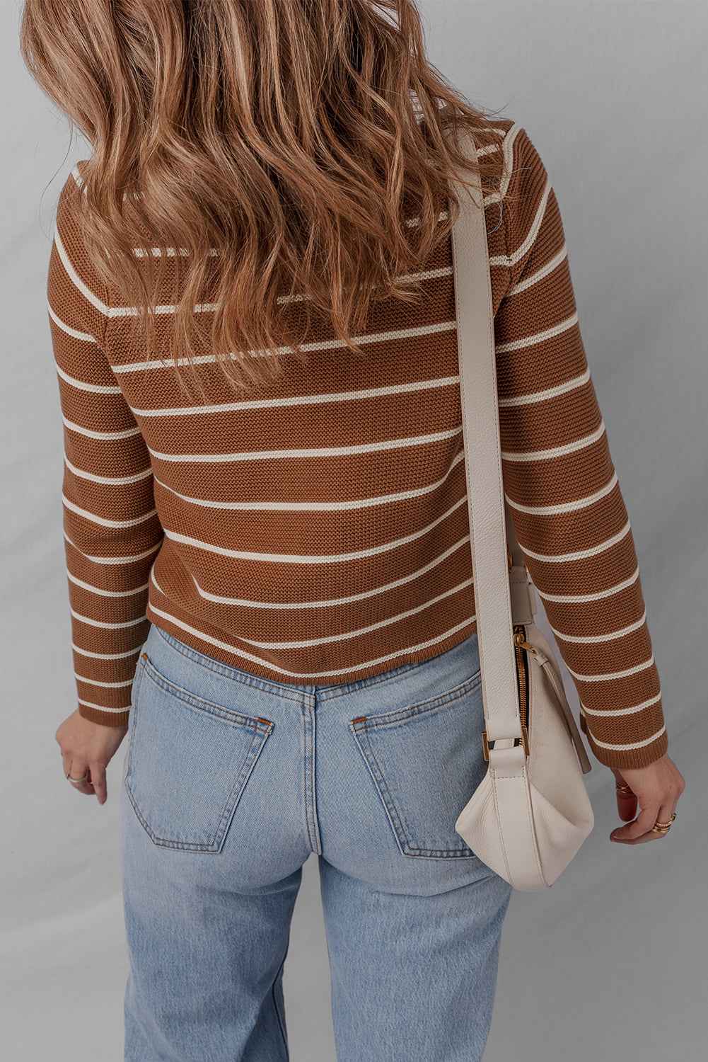 Chestnut Tie Front Striped Knit V Neck Cardigan Sweater