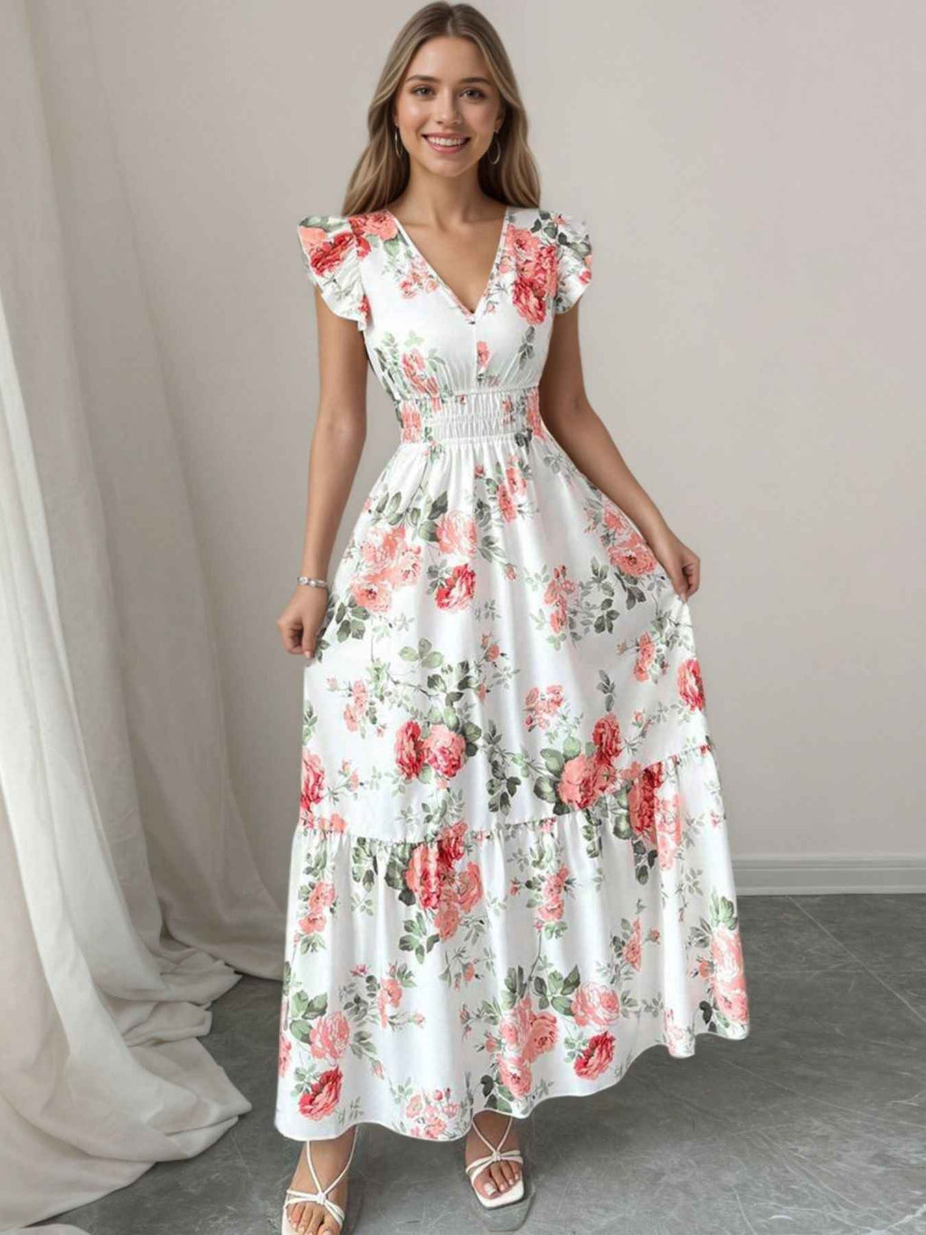 Floral Print Ruffle Sleeve Tiered Maxi Dress