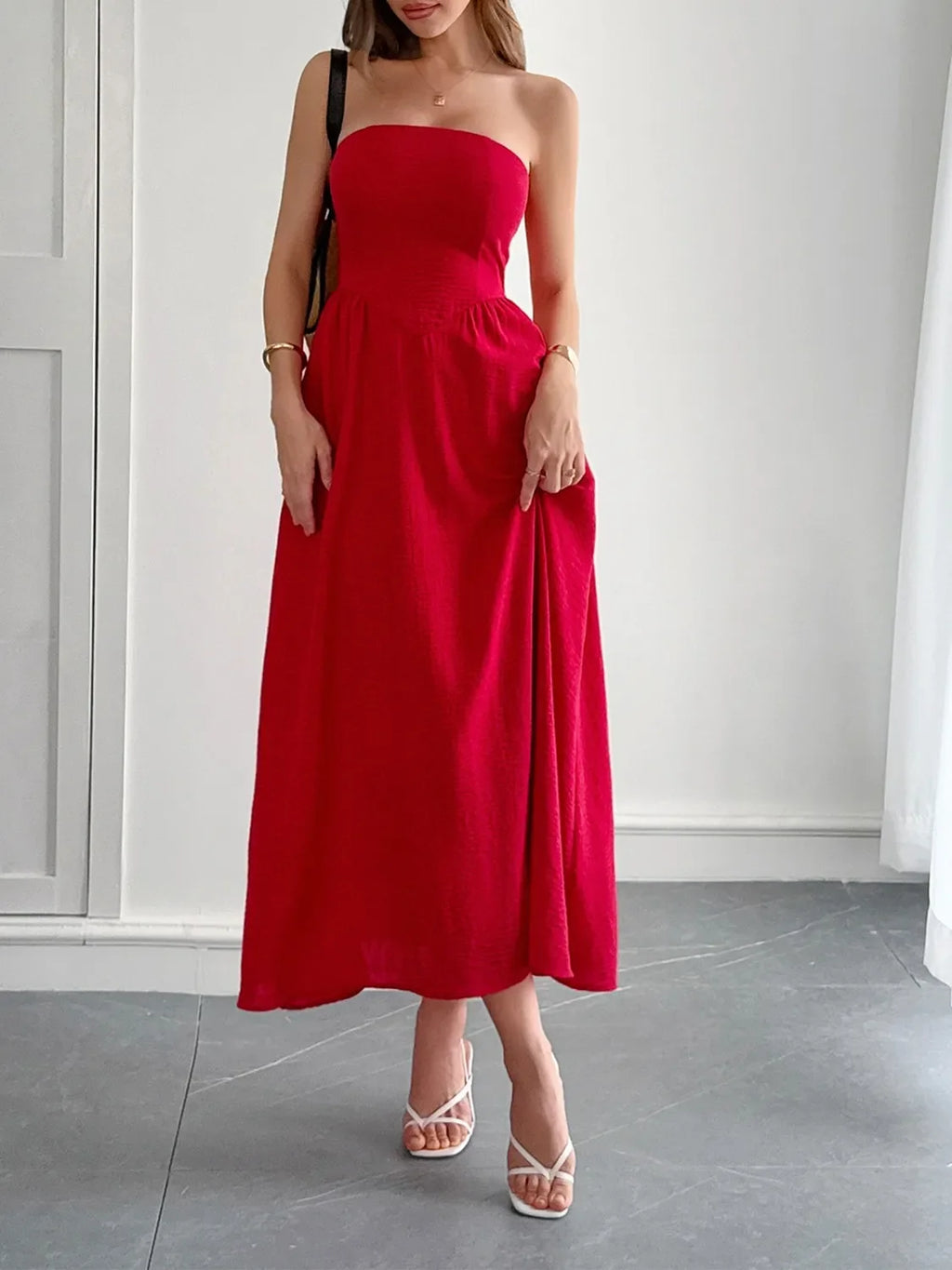 Strapless A-Line Midi Dress with Pockets by Shopiebay